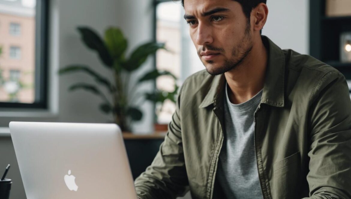 A young Latin American professional sitting at a modern desk, closely examining an email on his laptop with a visible 'Unsubscribe' button. Photorealistic editorial style, natural daylight, tech gadgets and books around, focused and slightly wary expression, clean background. The laptop screen is centered and in sharp focus, emphasizing the email interface.