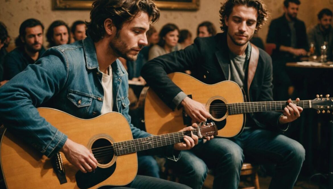 Fréro Delavega: el adiós más honesto del pop francés… ¿y un posible regreso? Two French male musicians in their early 30s, sitting together on a small stage with acoustic guitars, sharing an emotional moment under soft concert lighting, photorealistic editorial style, subtle crowd in the background, vintage posters on the walls, main subjects well-centered and in sharp focus, conveying nostalgia and anticipation.