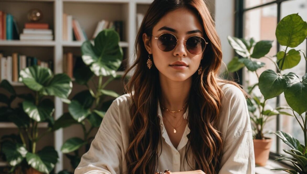 Accesorios que transforman: lo que nadie te cuenta del estilo K-pop A fashionable young woman in Buenos Aires inspired by K-pop style, posing confidently in a cozy, plant-filled apartment. She wears vibrant rose-gold bracelets, statement sunglasses, and creative nail art. The mood is bright and editorial, with sunlight streaming through large windows and shelves filled with wellness books and candles. The main subject is centered, accessories sharply in focus, modern urban vibe.