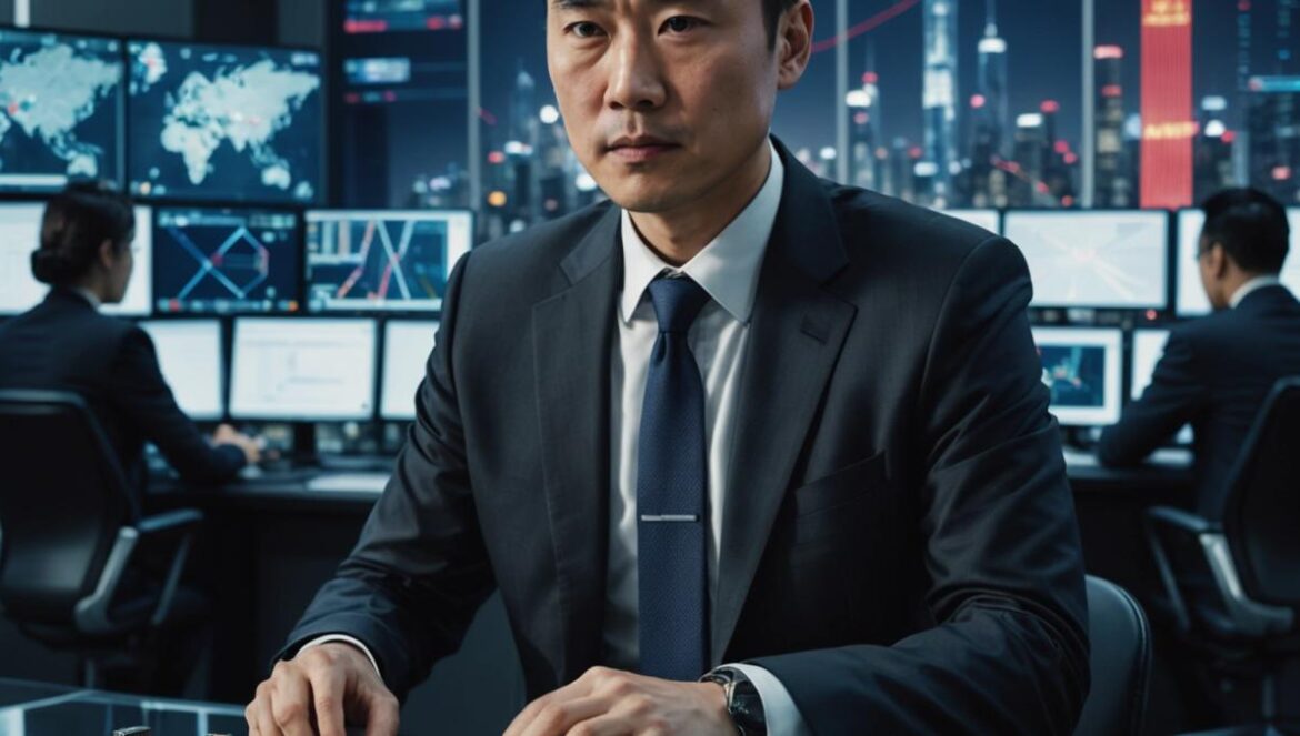Huawei vs Estados Unidos: la batalla por los chips de IA que define el futuro A photorealistic editorial image showing a tense technology boardroom scene: A confident Chinese engineer in smart business attire (representing Huawei) sits at a table stacked with advanced computer chips, facing an American executive with a US flag lapel pin, both surrounded by glowing digital schematics of AI microchips. Bright, dramatic lighting highlights the faces and chips; background features city skylines of Shanghai and New York through glass windows. The main subjects are well-centered and sharply focused, conveying rivalry and high stakes innovation.