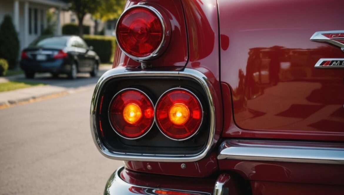 ¿Por qué los intermitentes traseros son rojos en EE.UU.? Spoiler: no es por estilo A close-up of the rear lights of an American classic car showing both red brake and turn signal lights illuminated, photorealistic editorial style, daytime lighting, the vehicle is parked on a typical US suburban street, focus on the taillight cluster with a clear contrast between red and amber segments, main subject well-centered and sharp, clean background with subtle hints of other cars and trees.