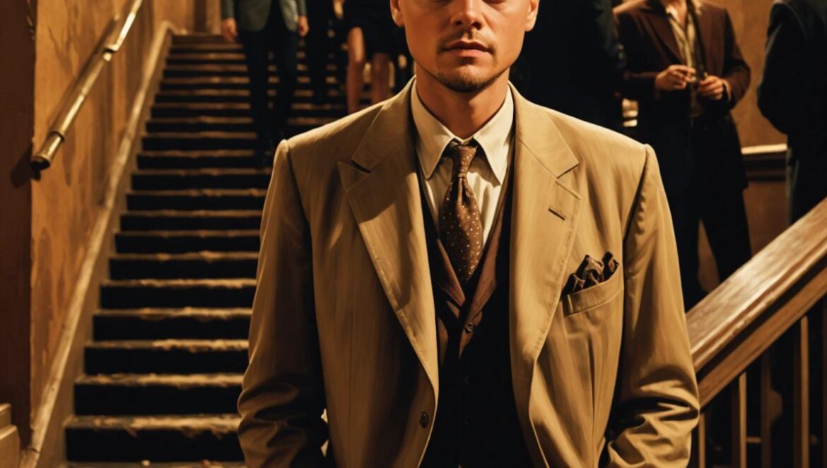 Cuando River Phoenix y Leonardo DiCaprio se cruzaron por última vez: la noche que marcó al joven Leo para siempre A photorealistic editorial-style image of a young Leonardo DiCaprio at a dimly lit, glamorous 1990s Hollywood party, standing on a staircase, looking in awe at River Phoenix ascending. The mood is nostalgic and bittersweet, with vintage outfits, soft golden lighting, and the main subjects—DiCaprio and Phoenix—clearly centered and in sharp focus among a blurred crowd, evoking the aura of lost legends.