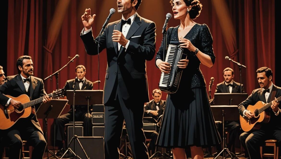De Piaf a Barthès: la nueva vida escénica de Clotilde Courau junto a Lionel Suarez Clotilde Courau and Lionel Suarez performing on stage, editorial photorealistic style, dramatic warm lighting highlighting the duo, Courau elegantly dressed with a vintage microphone, Suarez playing accordion, background featuring subtle Edith Piaf references, both centered and in sharp focus, intimate theater setting with visible audience silhouettes.
