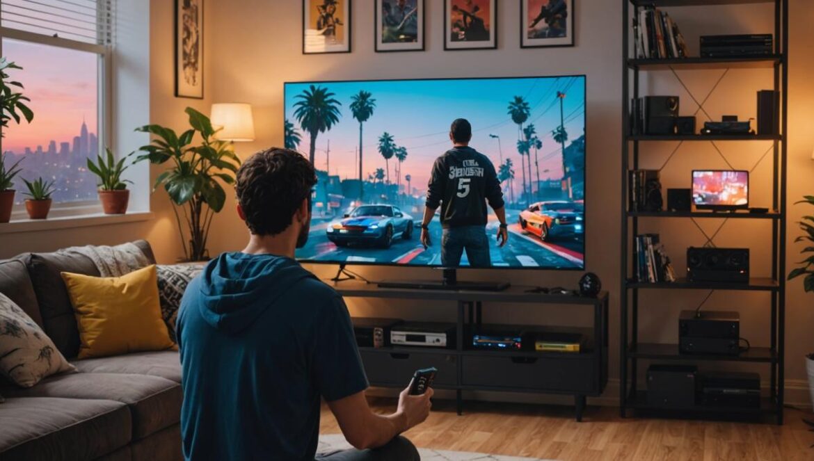 La resurrección imparable de GTA V en PS Plus: cómo un clásico de 2013 volvió a dominar el gaming en 2025 A photorealistic editorial-style image of a modern living room at dusk, centered on a young Spanish gamer intensely playing Grand Theft Auto V on a large flat-screen TV with a PlayStation 5 and retro consoles visible on the shelves. The scene includes soft warm lighting, energy drinks, gamepads scattered around, and a celebratory vibe, all in sharp focus with the main subject well-centered for an immersive gaming atmosphere.
