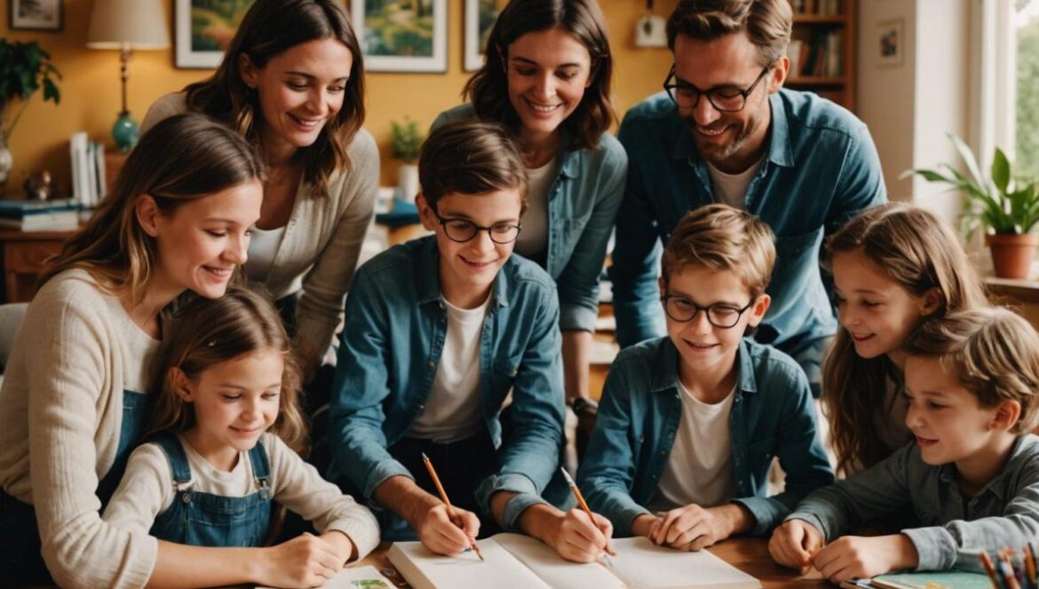 La educación que eligió Astier para sus 7 hijos (y por qué rompe todos los moldes) A modern French family with seven children and their creative father, all gathered around a cozy table with books, notebooks, and art supplies, photorealistic editorial style, warm afternoon lighting, plants and colorful details in the background, everyone smiling and interacting naturally, main subjects centered and in sharp focus.