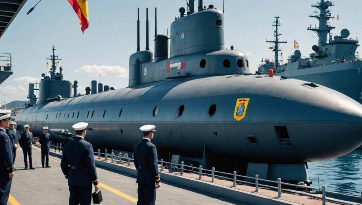 Submarinos de hidrógeno en España: ¿cómo funciona la revolución del S-80? A modern Spanish submarine (S-81 Isaac Peral) docked at a naval port, engineers in navy uniforms inspecting advanced hydrogen production equipment on deck, photorealistic editorial style, crisp daylight, technology details visible, main subject centered and in sharp focus, subtle Spanish flags and military insignia in the background.