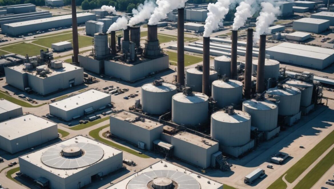 Grok de xAI: el secreto sucio detrás de la IA de Musk que enciende Memphis (y asfixia su aire limpio) An aerial view of a large industrial facility in Memphis, Tennessee, with multiple massive gas turbines operating, emitting visible heat waves and steam. Photorealistic editorial style, clear blue sky with light clouds, concerned local residents observing from the foreground. The image is well-lit, dramatic yet realistic, main facility centered and in sharp focus, capturing both the technological scale and the nearby community's proximity.