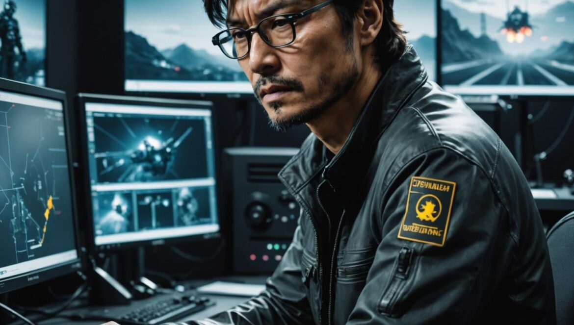 Hideo Kojima, well-centered in a modern game development studio, photorealistic editorial style, surrounded by monitors with iconic game visuals, soft but focused lighting highlighting his thoughtful expression, subtle references to Metal Gear and Death Stranding in the background, clear and sharp main subject, professional atmosphere.