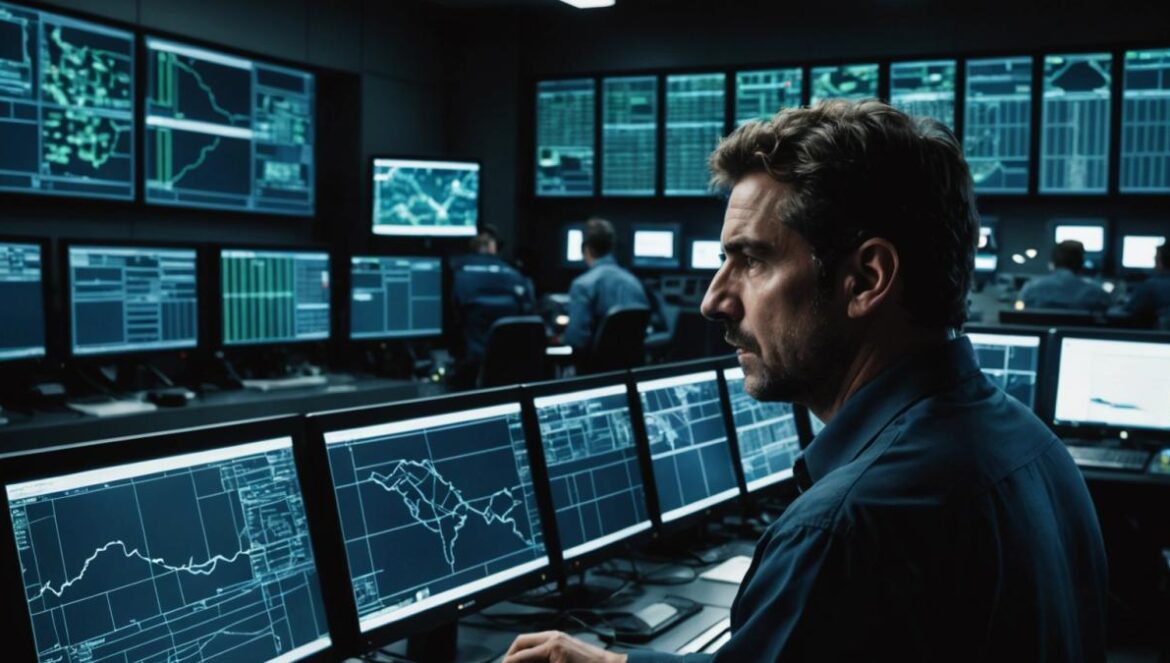 Siete segundos bastaron para tumbar la red eléctrica española: así fue el caos invisible A photorealistic editorial-style image showing the main control room of a Spanish electrical grid operator during a blackout event, with engineers urgently checking monitors displaying fluctuating power lines. Centered, an engineer looks concerned at the screens, surrounded by high-tech equipment and digital maps. The environment is modern, well-lit but tense, with subtle sunlight filtering in. Main subject is clearly centered and sharply in focus for a professional news publication feel.