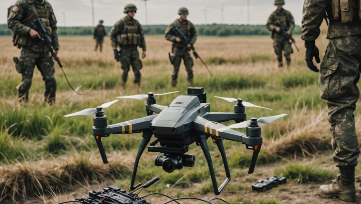 Drones con fibra óptica en Ucrania: la guerra invisible que deja huella en el medio ambiente A battlefield in Ukraine, central focus on a small drone with a long spool of optical fiber cable trailing behind it, photorealistic editorial style, daylight with a slightly overcast sky, close-up of shiny cables scattered like webs across grassy terrain, soldiers in modern camouflage gear in the background examining the cables, realistic textures and details, the drone and cable clearly centered and in sharp focus, environment looks war-torn but not overly dramatic.