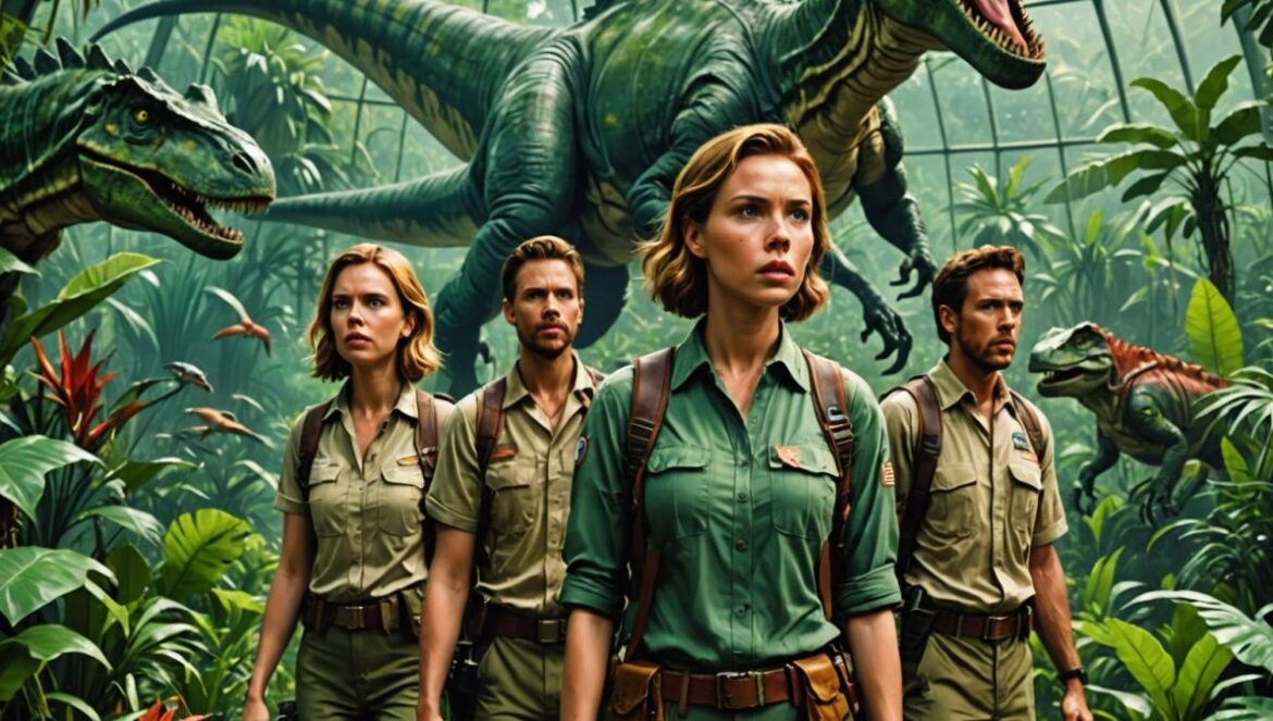Jurassic World: El Renacer vuelve al espíritu original con Scarlett Johansson y nuevas criaturas letales A dramatic, photorealistic editorial image of a small team of explorers, led by a woman resembling Scarlett Johansson, standing inside a lush tropical biosphere filled with dense vegetation. In the background, massive dinosaurs—one land-based, one aquatic (visible through a glass wall), and one flying overhead—create a sense of awe and danger. The mood is tense yet adventurous, with cinematic lighting highlighting the team's determined expressions. The main subject (the explorer team) is well-centered and in sharp focus; surrounding details include scientific equipment, DNA sample containers, and futuristic tools. The environment feels humid and wild, evoking both nostalgia and innovation.