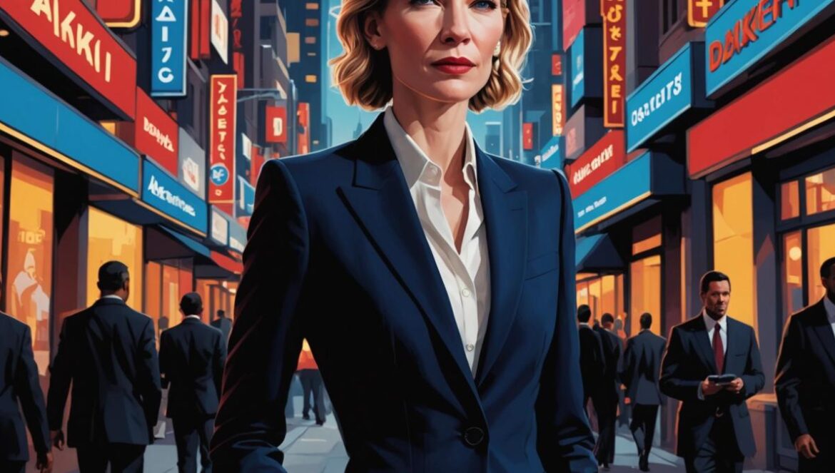 Cate Blanchett sorprende en ‘El juego del calamar 3’: el cameo que abre Hollywood al fenómeno global Cate Blanchett in an elegant suit, standing confidently on a bustling Los Angeles street, holding a red and blue ddakji card in her hand, with neon-lit buildings and curious bystanders in the background, photorealistic editorial style, dramatic cinematic lighting highlighting her sharp gaze, main subject perfectly centered and in crisp focus.