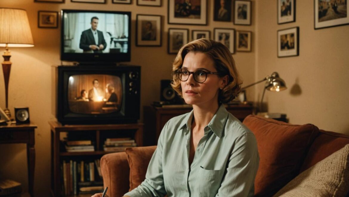 ‘El paciente inglés’: el romance eterno que ahora puedes ver gratis en streaming A centered photorealistic editorial-style image of a classic cinema living room in Madrid, with vintage movie posters (including The English Patient) on the walls, a person (woman in her 30s with short hair and glasses) sitting on a cozy sofa surrounded by film books and notebooks, watching an emotional wartime scene on a flat-screen TV. Warm lighting, nostalgic mood, details like vinyl records and a steaming mug on the coffee table. Main subject well-centered and sharply in focus.