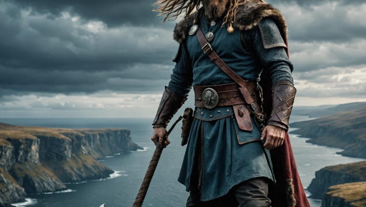“Bloodaxe”: la nueva apuesta de Michael Hirst que reinventa la saga vikinga en Amazon A charismatic, intense actor with long hair and a rugged beard dressed as a Viking king, center-focused, holding a bloodstained axe atop a windswept Nordic cliff. Editorial photorealistic style, dramatic cloudy sky, cold blue-gray lighting, Norse symbols on his armor. The background features hints of a Viking ship and distant fjords; the main subject is sharply in focus at the image center.