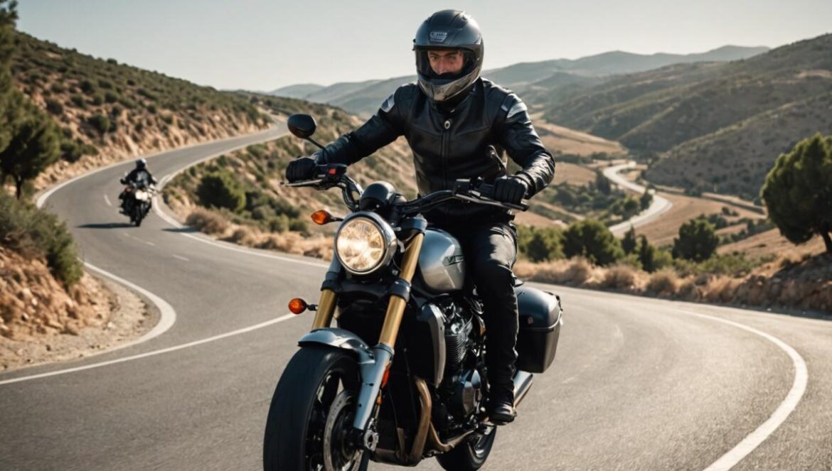 Voge 900 DSX: la moto china que rompe mitos y pone en apuros a las grandes marcas A well-centered, photorealistic editorial image of a dynamic motorcycle scene in Spain: a proud rider on a brand-new Voge 900 DSX, stopped near an iconic Spanish road or countryside, with the modern bike clearly in focus and its premium features visible. Bright daylight, vivid colors, Spanish landscape in the background, subtle hints of competition with European brands (e.g., a BMW parked further back). Vibrant mood, clean and clear composition.