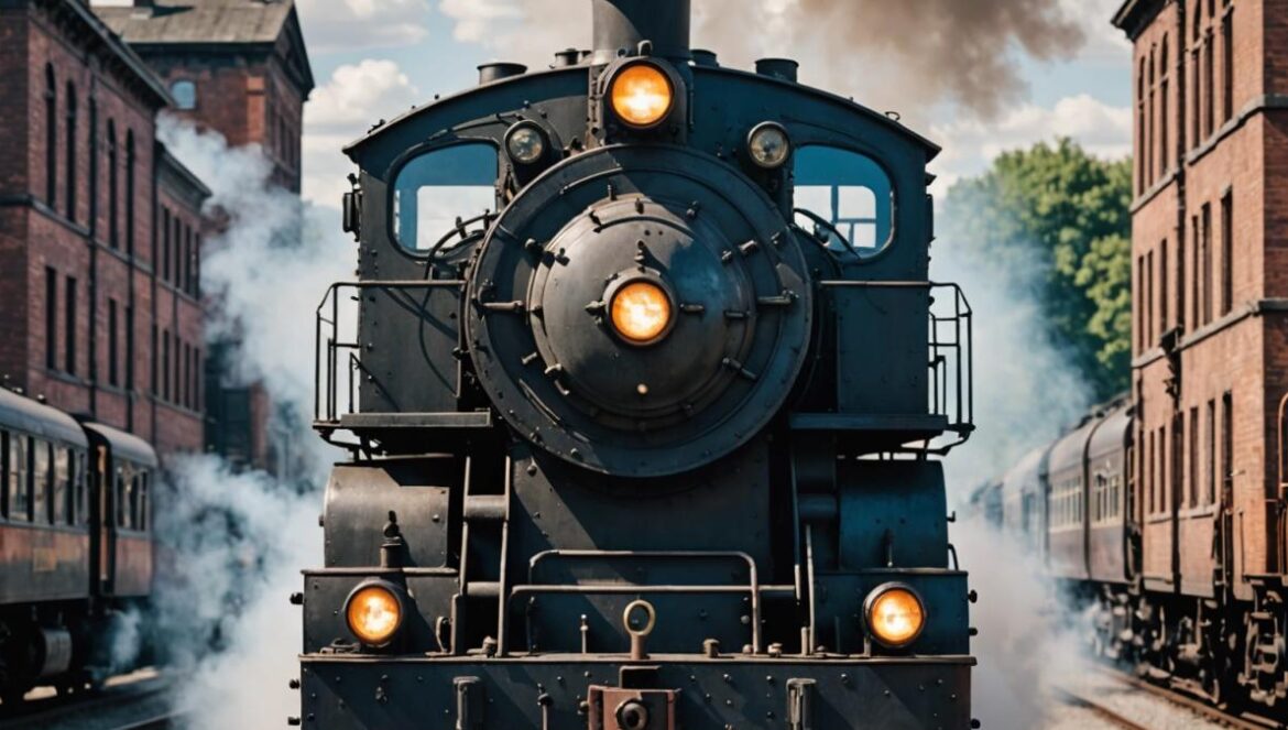 ¿Detectaste este homenaje secreto al condensador de fluzo en ‘Regreso al futuro III’? A vintage steam locomotive from 'Back to the Future III', front view, photorealistic editorial style, vibrant daylight on a railway with subtle steampunk elements, the iconic flux capacitor clearly visible under the train's chimneys, main subject centered and in sharp focus, nostalgic cinematic mood.