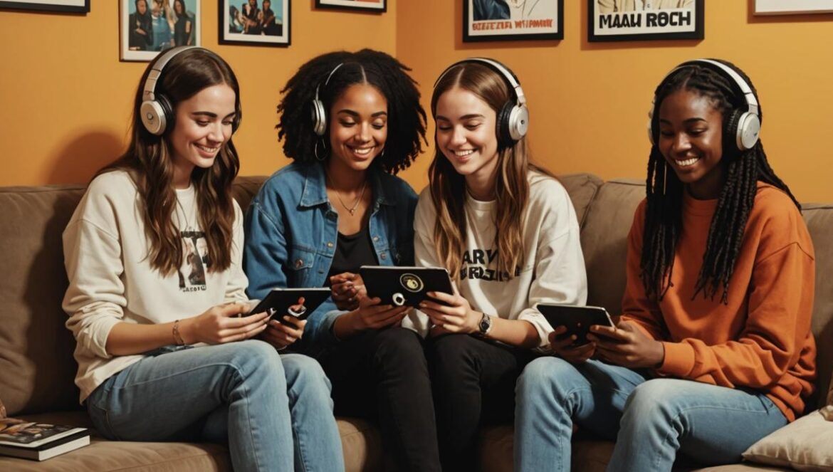 Viernes de estrenos: HAIM, Karol G, Yaya Bey y Maxo revolucionan la playlist global A group of young adults sitting together in a cozy living room, each holding vinyl records and streaming music on their phones, photorealistic editorial style, warm ambient lighting with posters of HAIM, Yaya Bey, and Karol G on the wall, main subjects well-centered and smiling while discussing the music, sharp focus and clean background with hints of urban pop culture.