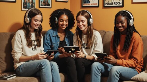Viernes de estrenos: HAIM, Karol G, Yaya Bey y Maxo revolucionan la playlist global A group of young adults sitting together in a cozy living room, each holding vinyl records and streaming music on their phones, photorealistic editorial style, warm ambient lighting with posters of HAIM, Yaya Bey, and Karol G on the wall, main subjects well-centered and smiling while discussing the music, sharp focus and clean background with hints of urban pop culture.