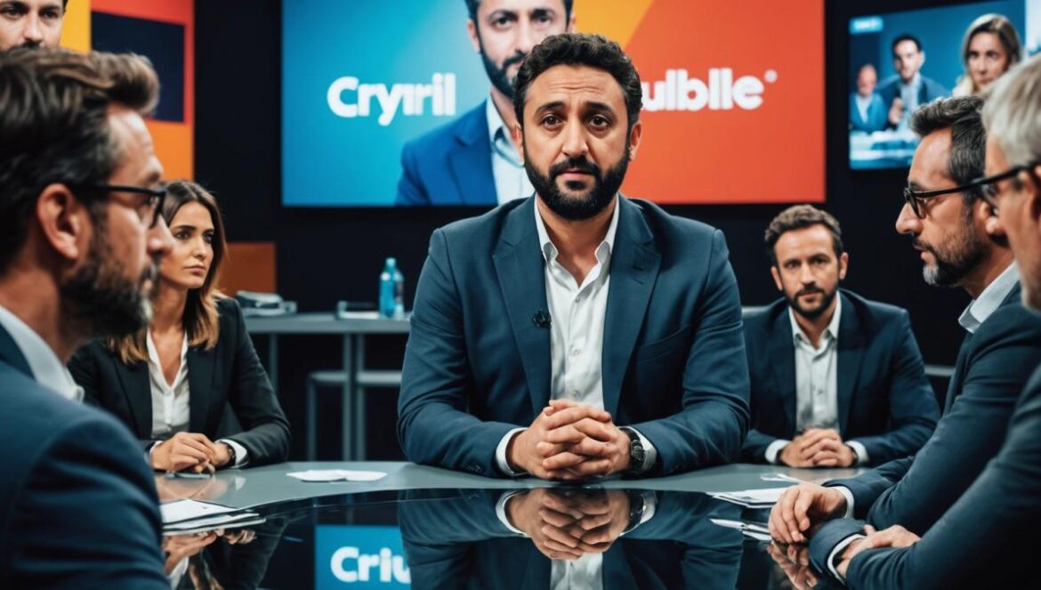 Cyril Hanouna sitting at the center of a sleek modern TV studio roundtable, surrounded by diverse energetic panelists, photorealistic editorial style, vibrant set lighting and screens showing dynamic graphics, audience in soft focus behind, lively but professional atmosphere, main subjects sharply centered and in focus.