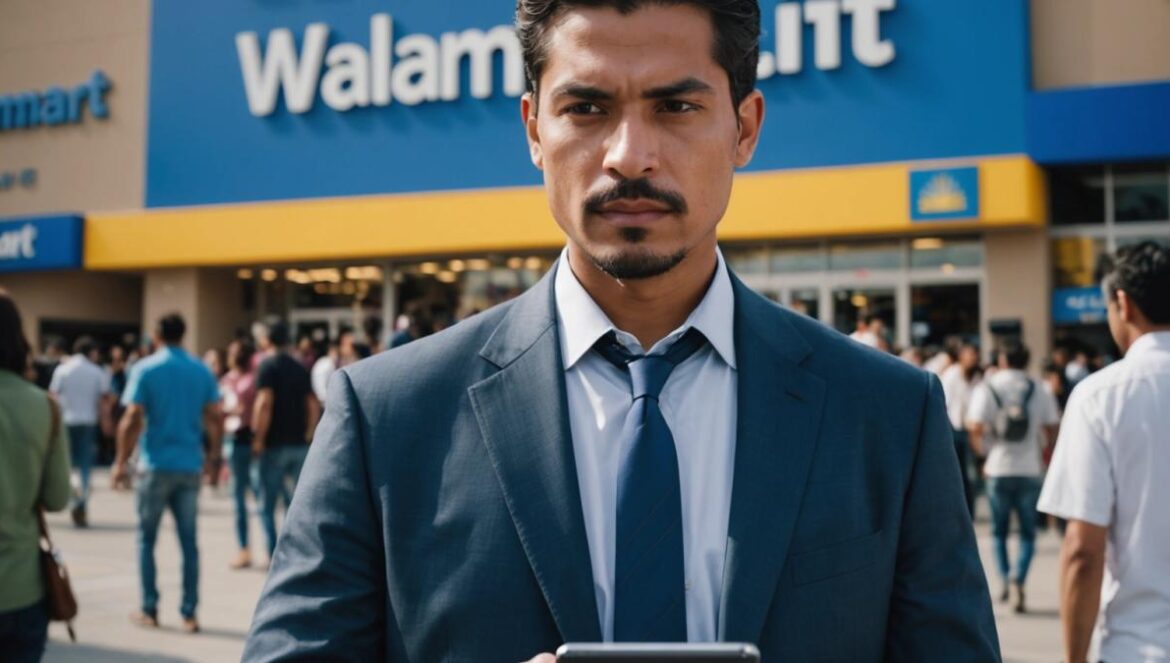 BAIT de Walmart y el escándalo del “usuario fantasma”: ¿boom real o marketing inflado? A well-dressed Mexican tech executive holding a smartphone and a BAIT SIM card, standing in front of a large Walmart sign with blurred crowds, photorealistic editorial style, clear daylight, tense but energetic mood, main subject centered and sharply in focus, with documents labeled 'IFT' and data charts visible on a tablet.