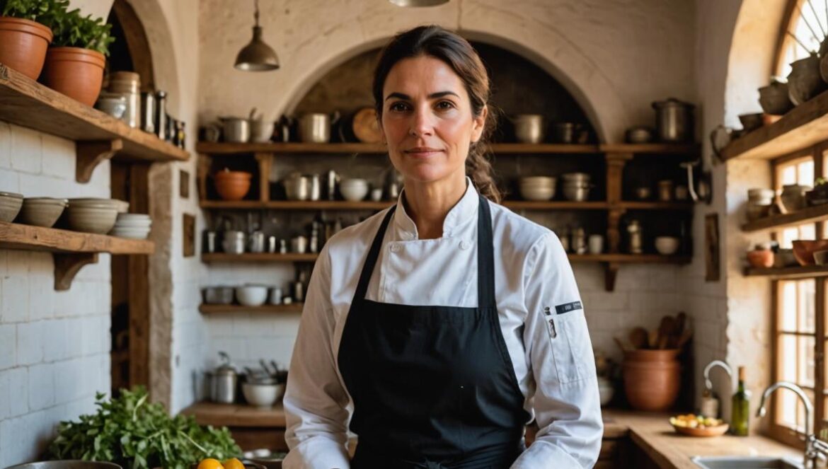Restaurantes españoles en The World’s 50 Best 2025: lo que nadie te cuenta sobre el éxito (y el sabor agridulce) de Etxebarri A sophisticated Spanish chef in her mid-30s stands proudly inside a traditional yet modern restaurant kitchen, rustic wooden beams overhead, fresh local ingredients laid out on a polished countertop, natural daylight streaming through arched windows, shelves lined with olive oil and earthenware pots, center-focused composition with the chef in sharp focus and vibrant Andalusian decor details.