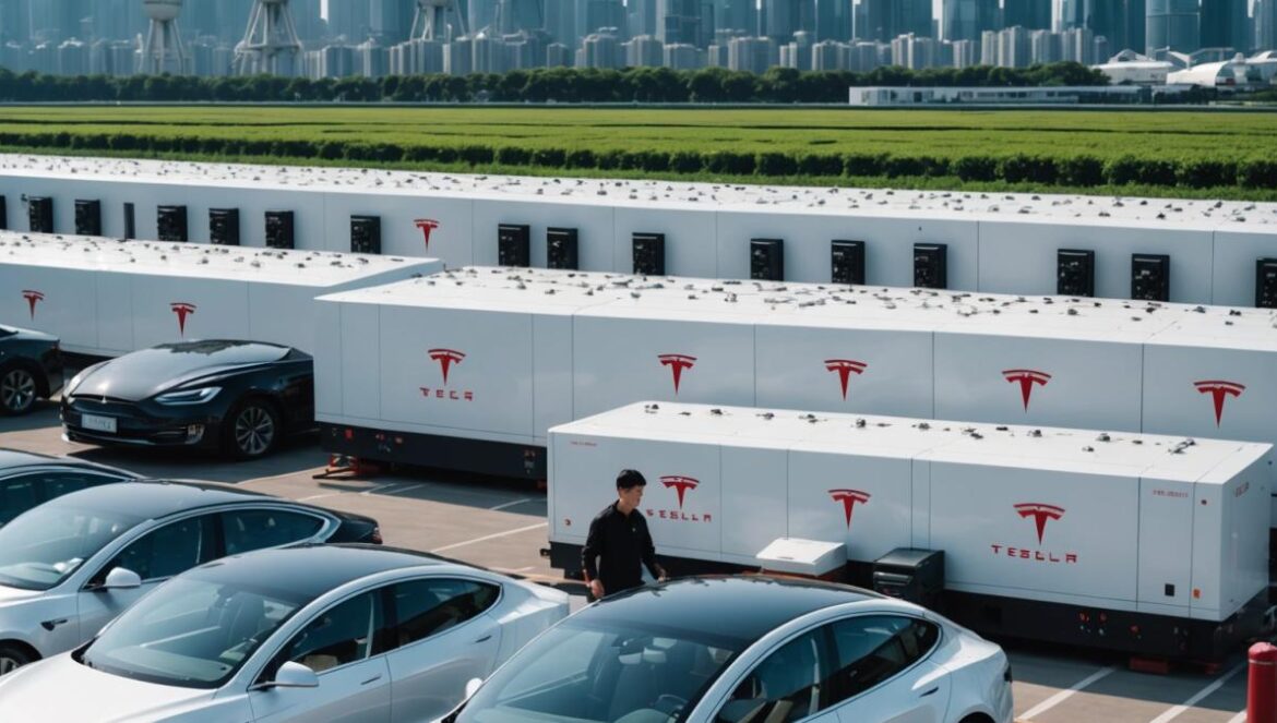 Tesla apuesta por baterías gigantes en China: de coches eléctricos a imperio energético global A massive Tesla Megapack battery installation in Shanghai, China, photorealistic editorial style, rows of sleek white battery units with the Tesla logo, bustling Chinese engineers inspecting equipment, modern city skyline in the background, clear daylight, main Megapack installation centered and in sharp focus.