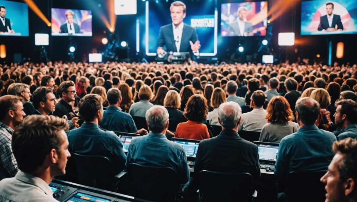 Audiencias TV 2025: ¿Por qué “La Fête de la Musique” se estanca mientras los quiz arrasan en Francia? A bustling French TV studio during a live music festival broadcast, with charismatic hosts at the center, colorful lights, a lively audience, and quiz show screens in the background, photorealistic editorial style, vibrant lighting, excitement and tension visible on faces, well-centered composition with clear focus on hosts and set details.