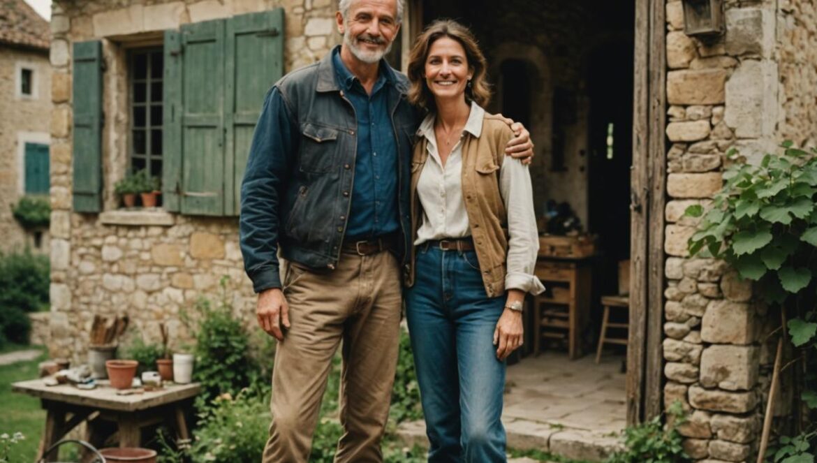 Más allá del ‘qué dirán’: la tendencia que convierte el bienestar rural en la nueva revolución silenciosa A couple standing in front of a rustic stone house under renovation in a picturesque French village, photorealistic editorial style, warm natural lighting, lush greenery and vintage decor details surrounding them, tools and paint cans nearby, both smiling and relaxed, main subjects well-centered and in sharp focus.