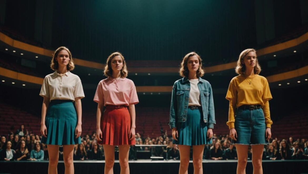 NewJeans vs Ador: la batalla legal que expone las grietas del K-pop Five young women in stylish, colorful outfits standing center stage, facing an empty concert hall, photorealistic editorial style, moody but hopeful lighting with subtle spotlights, a few scattered legal documents and a microphone at their feet for symbolism, background blurred to emphasize the group’s unity and uncertainty, main subjects well-centered and in sharp focus.