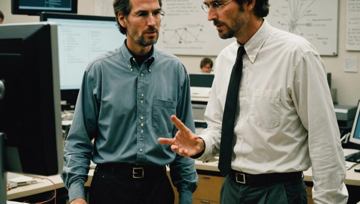 ¿Salvar vidas con solo acelerar un Mac? El insólito truco mental de Steve Jobs Steve Jobs passionately discussing with an engineer in a 1980s Apple office, photorealistic editorial style, intense expressions, vintage computers and a whiteboard filled with calculations in the background, well-lit and focused composition with both subjects clearly centered and in sharp focus, subtle retro tech atmosphere.