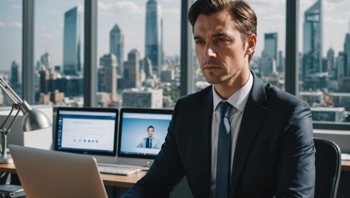 BYD paga hasta €600.000 por cazar difamadores en redes A serious-looking BYD legal representative seated at a modern desk, reviewing digital evidence on a laptop, photorealistic editorial style, bright office lighting, visible documents labeled 'Legal Action' and social media icons on the screen, with a cityscape through large windows in the background, main subject well-centered and in sharp focus.