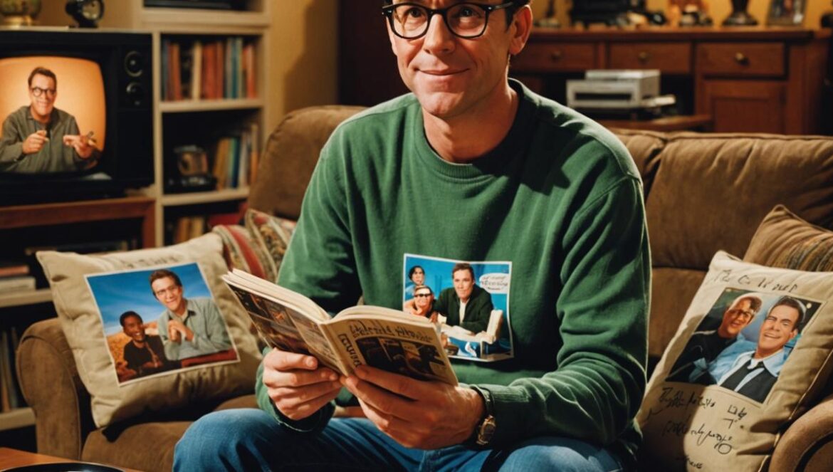 ¿Por qué seguimos obsesionados con Craig Feldspar? El secundario que se robó Malcolm David Anthony Higgins, seated at the center of a cozy living room filled with Malcolm in the Middle memorabilia—DVDs, posters, quirky props. Editorial photorealistic style, warm lighting, subtle film grain for nostalgia. Higgins smiles gently, holding a script and wearing his signature glasses, surrounded by hints of his various TV roles. Main subject sharply in focus and centered, background neat and inviting.