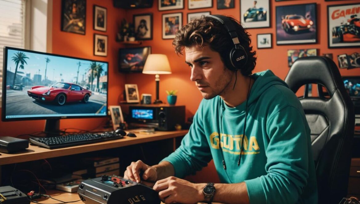 GTA+ julio 2025: el mes que sí trae ventajas reales (y no solo FOMO) A stylish, young Spanish gamer in a cozy apartment filled with both retro and next-gen consoles, sitting at a desk covered in GTA memorabilia, closely examining the Överflöd Suzume sports car model on his monitor. Photorealistic editorial style, vibrant lighting, energetic mood, subtle Rockstar Games posters and shelves with collector's items in the background. Main subject centered and in sharp focus for a modern online publication.