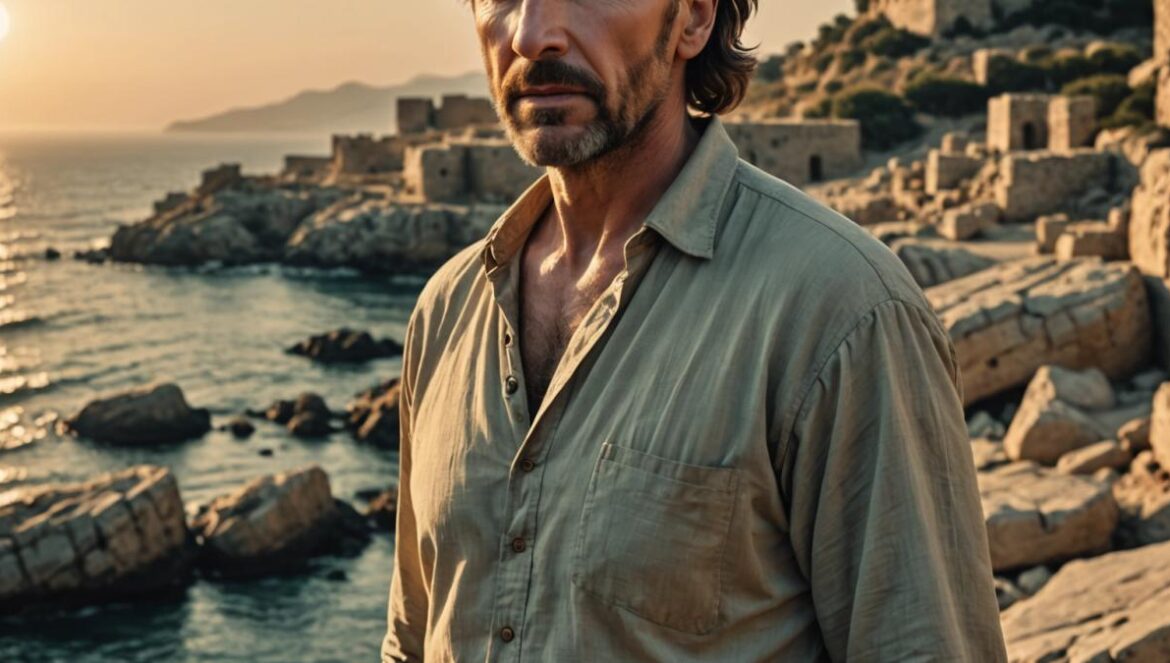 La Odisea de Nolan vs El regreso de Ulises: ¿quién reinventa mejor el mito? A dramatic editorial photo of Ralph Fiennes in character as a weathered, modern-day Odysseus, standing on a rocky Mediterranean shore at sunset, with intense facial expression and windswept hair, photorealistic editorial style, moody golden hour lighting, ancient ruins faintly visible in the background, main subject centered and in sharp focus.