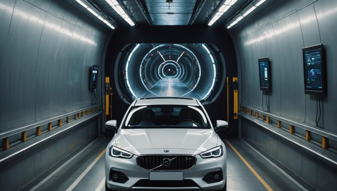 Hertz, Amazon y la IA que te cobra hasta un raspón: ¿transparencia o pesadilla para el usuario? A modern car passing slowly through a high-tech inspection tunnel equipped with multiple high-resolution cameras and LED lights, photorealistic editorial style, focused on the driver looking surprised as a digital screen displays a small scratch detected by AI, bright lighting, clean tech environment, main subject (the car and inspection process) centered and in sharp focus.