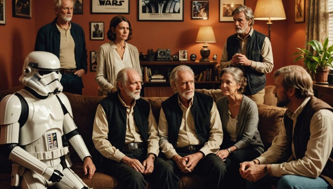 “Que la Fuerza te acompañe”: la frase de Star Wars que viajó de una galaxia lejana a nuestra vida diaria y sigue uniendo generaciones A group of diverse people, young and old, from different backgrounds, sharing a moment of encouragement by saying 'May the Force be with you' in a cozy living room filled with movie posters and Star Wars memorabilia, photorealistic editorial style, warm ambient lighting, the main group clearly centered and in sharp focus, subtle cinematic details.