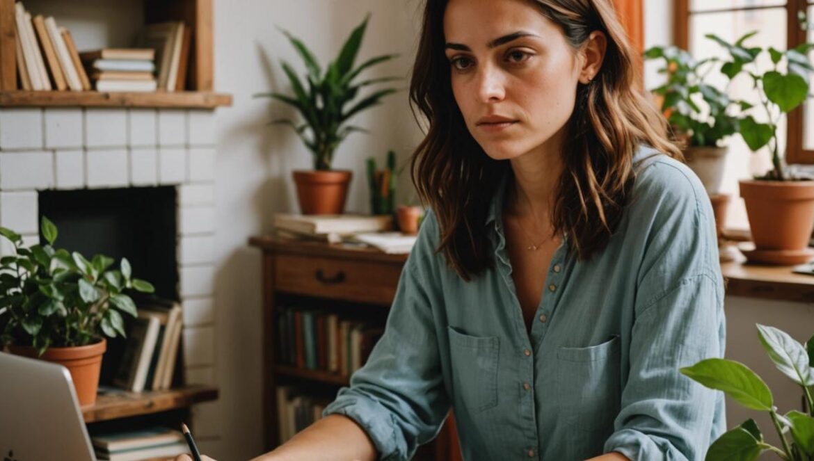 ¿España es realmente un país de universitarios? Lo que los datos (y el bienestar) revelan A young Spanish woman in her early 30s, sitting at a cozy, plant-filled apartment table with books and a laptop, thoughtful expression as she reviews international education statistics, photorealistic editorial style, bright natural lighting, Spanish decor details like ceramic tiles and aromatic candles in the background, main subject well-centered and sharply focused.