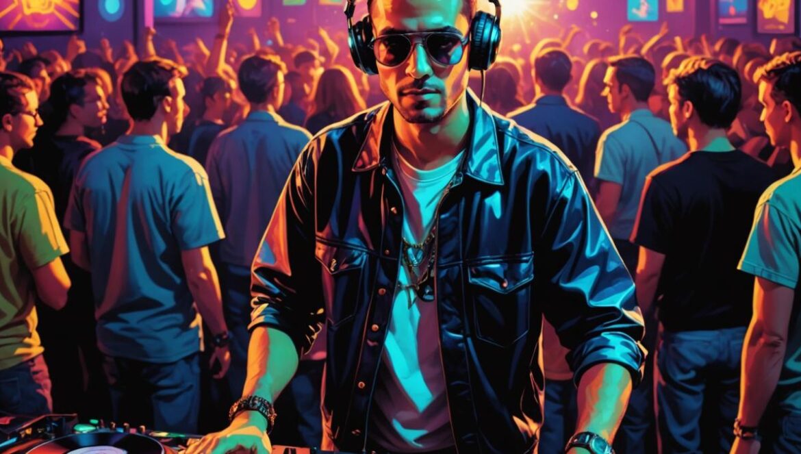¿Por qué “Push The Feeling On” de Nightcrawlers sigue reventando 30 años después? A photorealistic editorial-style image of a vibrant 90s club scene with a DJ at the center (representing John Reid), energetic crowd dancing under colorful lights, vinyl records and mixing desk visible, glowing neon hues, moody but well-lit atmosphere, main subject (the DJ) clearly centered and in sharp focus, background slightly blurred to emphasize the action and nostalgia.