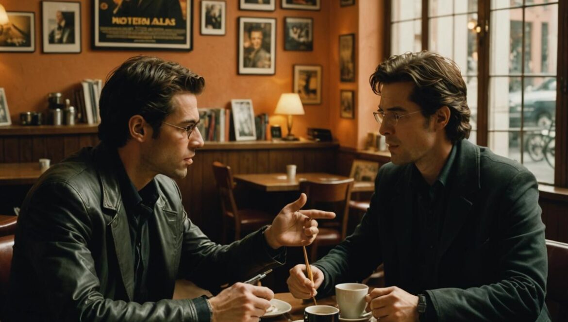 Matrix, Paul Schrader destroza a Hugo Weaving… ¿pero tiene razón o se pasó de rosca? A photorealistic editorial-style image of a heated film debate in a cozy Madrid café, two passionate film critics gesturing animatedly over coffee, with movie posters of Matrix and Cloud Atlas in the background, warm evening light filtering through the window, notebooks and classic film books scattered on the table, main subjects centered and sharply in focus.