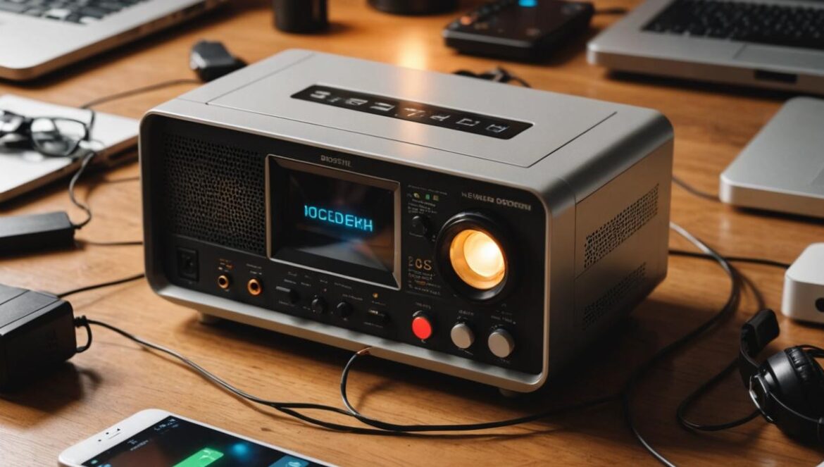 A close-up of an old modem device placed on a wooden desk surrounded by modern tech gadgets like tablets and smart bulbs, photorealistic editorial style, warm indoor lighting, subtle tech tools scattered around, main subject (the old modem) centered and in sharp focus with a hint of a DIY project setup.