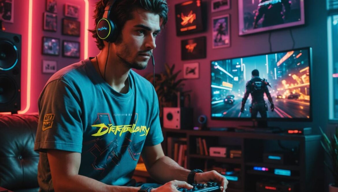 Switch 2 vs PS4 Pro: el Cyberpunk que lo cambia todo (y lo que no te cuentan los benchmarks) A young Spanish gamer in his cozy apartment, surrounded by both retro and modern gaming consoles, playing Cyberpunk 2077 on a Nintendo Switch 2 connected to a large TV. The photorealistic editorial style image shows vibrant lighting from screens and neon accents, with the main subject centered, expressing surprise and excitement. Well-lit environment with clear focus on the Nintendo Switch 2 and game visuals, realistic details including gaming posters and scattered controllers.