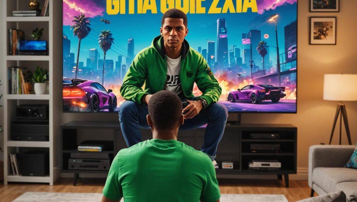 GTA 6 ya en la wishlist de Xbox: Rockstar activa el hype con su jugada más esperada A focused shot of a modern living room with an excited young gamer sitting in front of an Xbox Series X, TV screen showing the GTA 6 Xbox Store page with vivid artwork, photorealistic editorial style, warm lighting, game controllers and retro consoles on shelves, main subject centered and in sharp focus, contemporary decor but subtle nods to classic gaming culture.