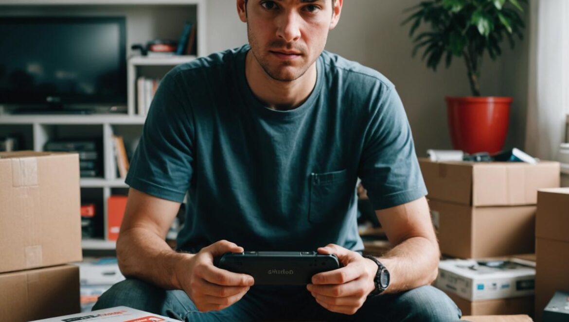 ¡Graparon la consola! El error viral con la Nintendo Switch 2 que arruinó cientos de unidades A disappointed gamer in his apartment, holding an opened Nintendo Switch 2 box with a visibly damaged screen and a receipt stapled through the packaging, photorealistic editorial style, well-lit room filled with various retro and modern consoles in the background, main subject centered and in sharp focus, mix of frustration and disbelief on his face.