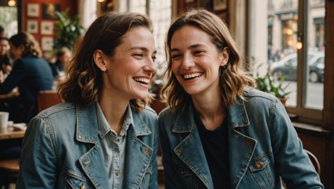 Cuando el amor te cambia el mapa interno: la historia de Anne Le Nen y Muriel Robin Two women, center-focused, sharing a genuine laugh in a cozy Parisian café, photorealistic editorial style, warm afternoon light streaming through large windows, subtle pride flag pins on their jackets, surrounded by books and coffee mugs, plants in the background, vibrant and authentic mood. Main subjects are well-centered and sharply in focus.
