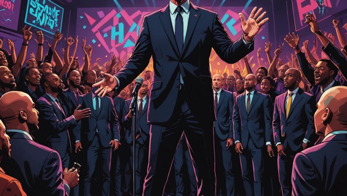 RXKNephew contraataca: el rap que convierte a Fetterman en meme político A tall, bald American politician in a dark suit (clearly referencing John Fetterman) standing awkwardly in the center of a vibrant underground music venue, photorealistic editorial style, dynamic lighting with neon colors, young diverse hip-hop fans surrounding him reacting with surprise and amusement, RXKNephew performing on stage in the background with a microphone, everyone sharply focused and centered, vivid urban details throughout.