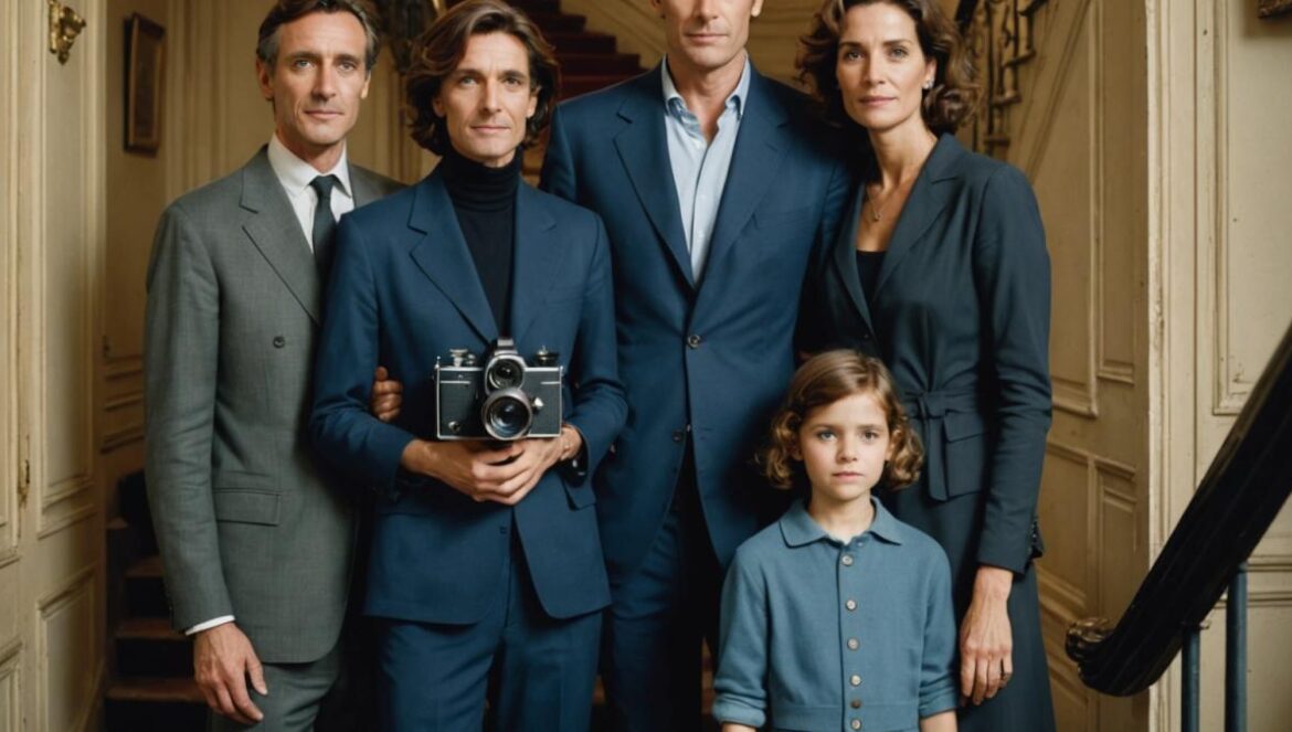 El flechazo que cambió el cine francés: de Géraldine y Christopher a la nueva generación Thompson A candid, editorial-style photograph of a sophisticated French-Spanish family—two parents and two young adult children—posing in an elegantly-lit Parisian apartment stairwell. The parents (a stylish woman and man in their 40s) share a tender look, while their son (a confident young man with blue eyes) holds a vintage film camera at the center. Subtle film posters and books decorate the scene. The mood is intimate, warm, and aspirational; all subjects are sharply in focus with soft natural light highlighting their faces.