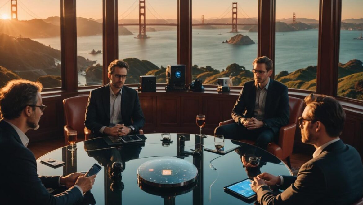 A group of tech experts and philosophers in elegant attire, gathered in a luxurious mansion with panoramic views of the Golden Gate Bridge at sunset, engaged in deep conversation around a modern table with futuristic gadgets and digital screens displaying AI visuals, editorial photorealistic style, warm lighting, main subjects centered and sharply focused, sophisticated atmosphere.