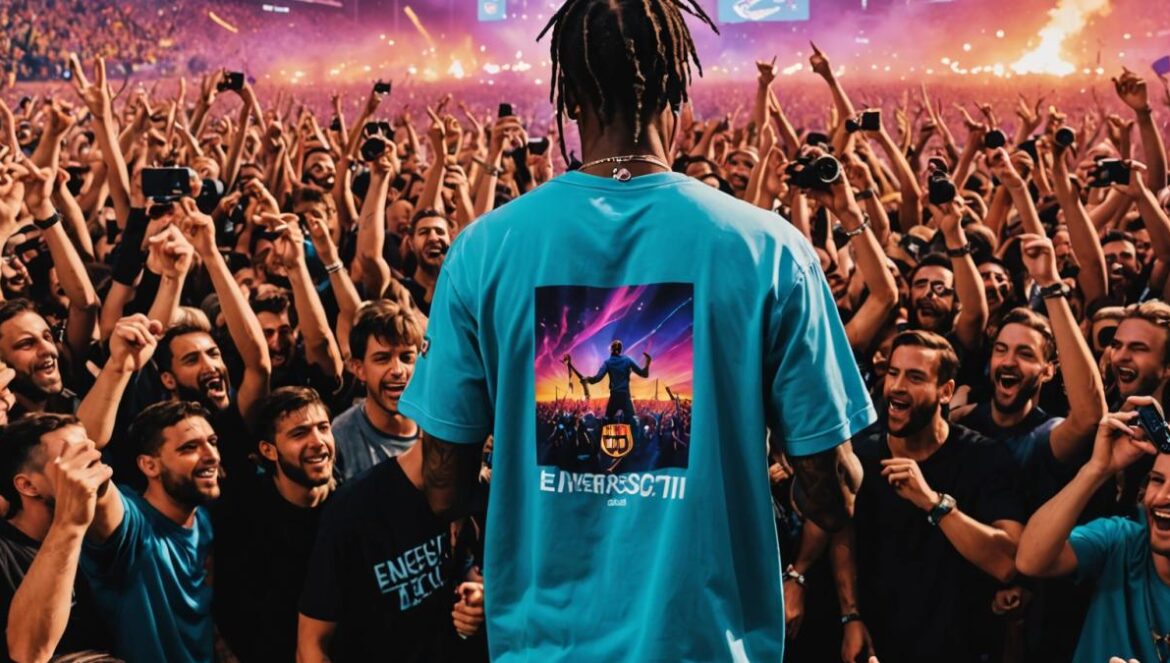 Travis Scott x Barça: cuando el hype toma Barcelona por asalto Travis Scott performing energetically on stage in Barcelona, photorealistic editorial style, vibrant lighting with a crowd of excited fans wearing FC Barcelona jerseys, iconic city skyline faintly visible in the background, main subject Travis Scott well-centered and in sharp focus, dynamic atmosphere, clean and modern stage setup.