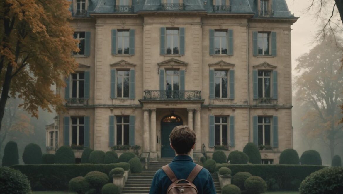A stately French mansion surrounded by misty trees, centered in the frame, editorial photorealistic style. In the foreground, a teenage boy stands alone near the entrance, holding a vintage notebook, looking pensive. Subtle hints of old music records and movie posters visible through the windows. Early morning soft light, melancholic mood. The house and boy are clearly centered and in sharp focus.