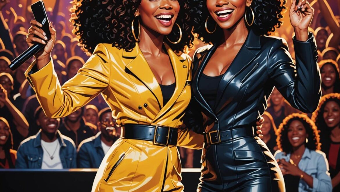 Brandy & Monica: la reconciliación que convierte su gira 2025 en un hito cultural del R&B Brandy and Monica, two iconic R&B singers, standing together on stage during a concert, photorealistic editorial style, both smiling confidently under vibrant stage lighting, a packed audience in the background holding up phones and waving, the main subjects well-centered and in sharp focus, modern arena atmosphere with banners referencing their hit 'The Boy Is Mine'.